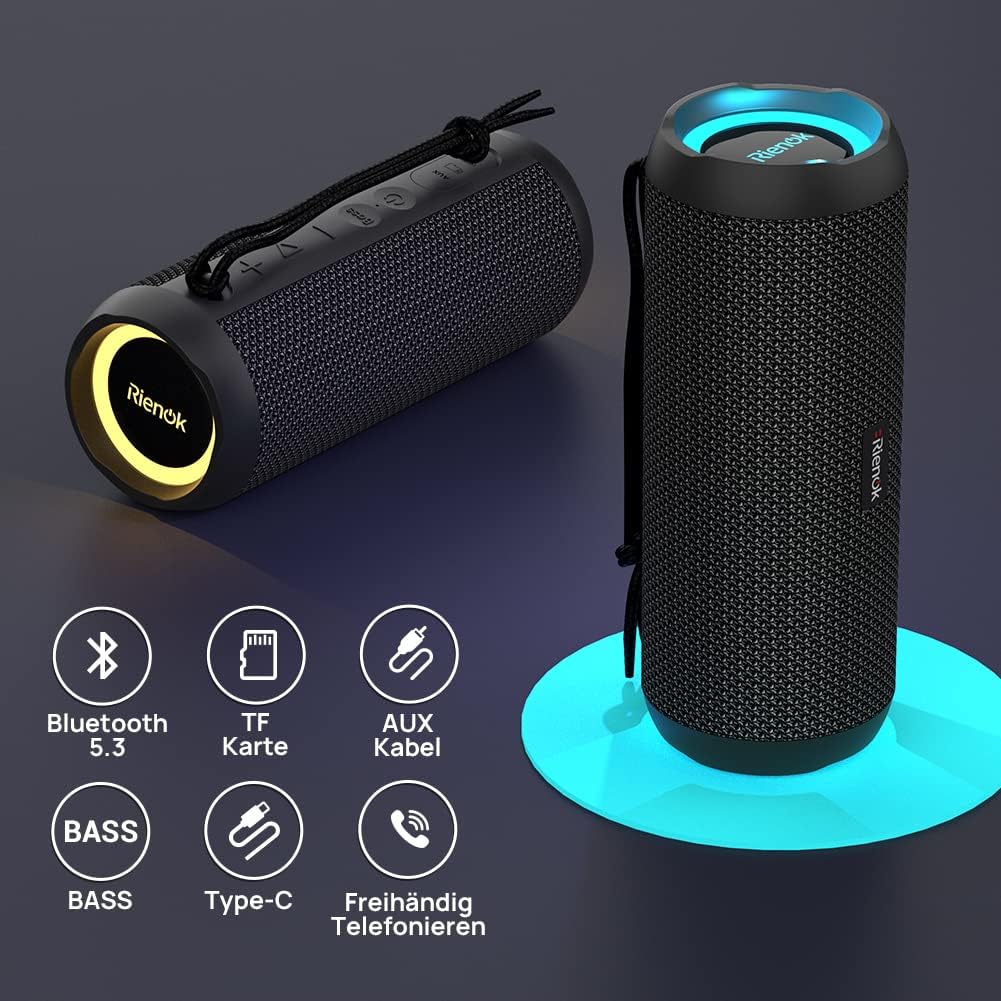 RIENOK Bluetooth Lautsprecher 30W mit Licht Bluetooth 5.3 Musikbox Bass IPX7 wasserdicht
