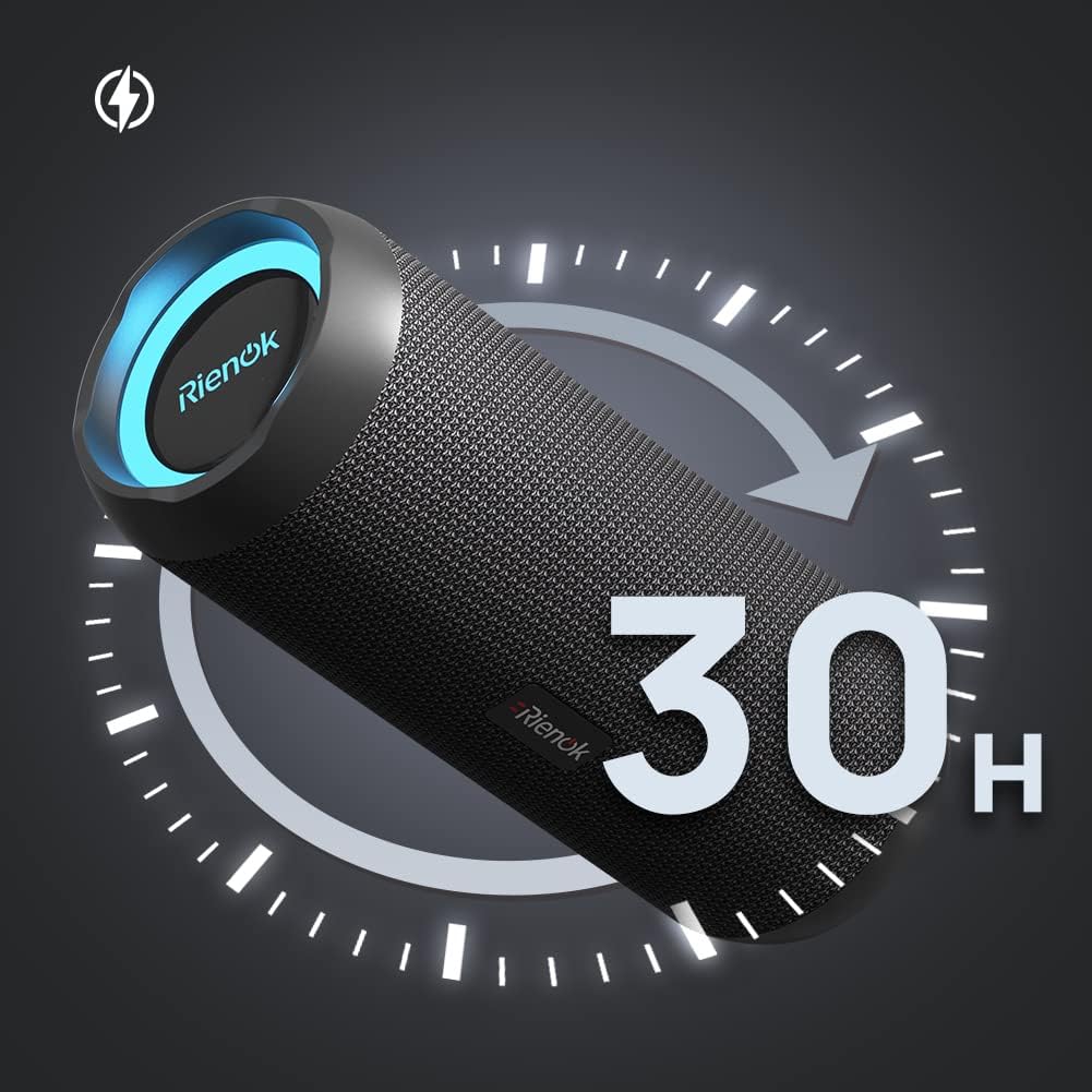 RIENOK Bluetooth Lautsprecher 30W mit Licht Bluetooth 5.3 Musikbox Bass IPX7 wasserdicht