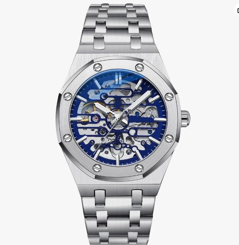 Rorios Herrenuhren Automatische Mechanische Uhr mit Edelstahl-Armband Skelett