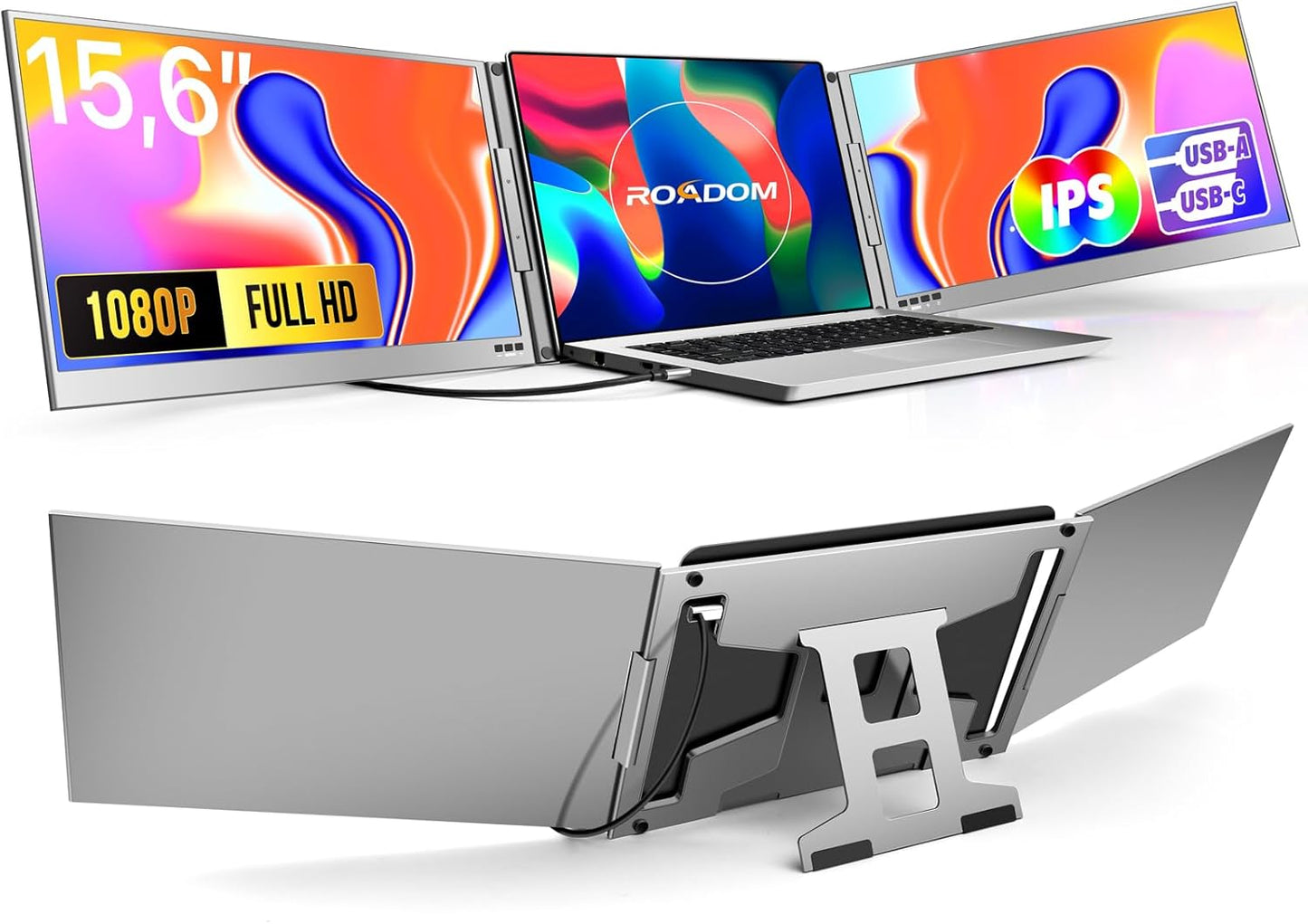 Roadom Dualer Bildschirm aus Aluminiumlegierung, 15,6'' Dreifach Monitor für 12-16 Zoll Laptops,360°