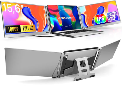 Roadom Dualer Bildschirm aus Aluminiumlegierung, 15,6'' Dreifach Monitor für 12-16 Zoll Laptops,360°