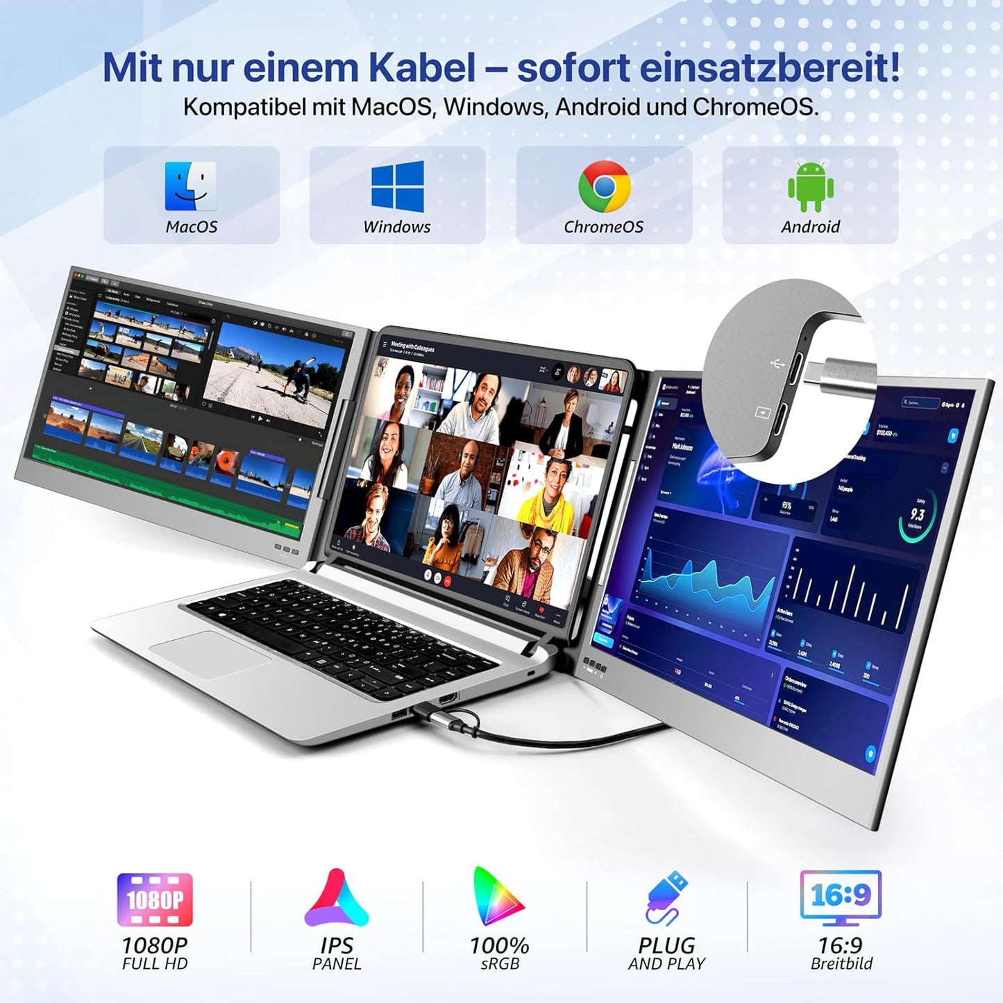 Roadom Dualer Bildschirm aus Aluminiumlegierung, 15,6'' Dreifach Monitor für 12-16 Zoll Laptops,360°