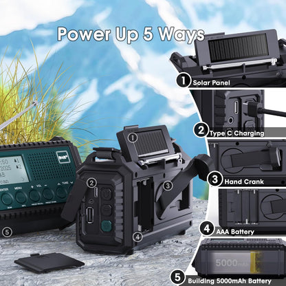 Rocam Kurbelradio DAB/DAB+/UKW,Tragbare Solar Notfallradio mit 5000mAh LED Taschenlampe & Leselicht,