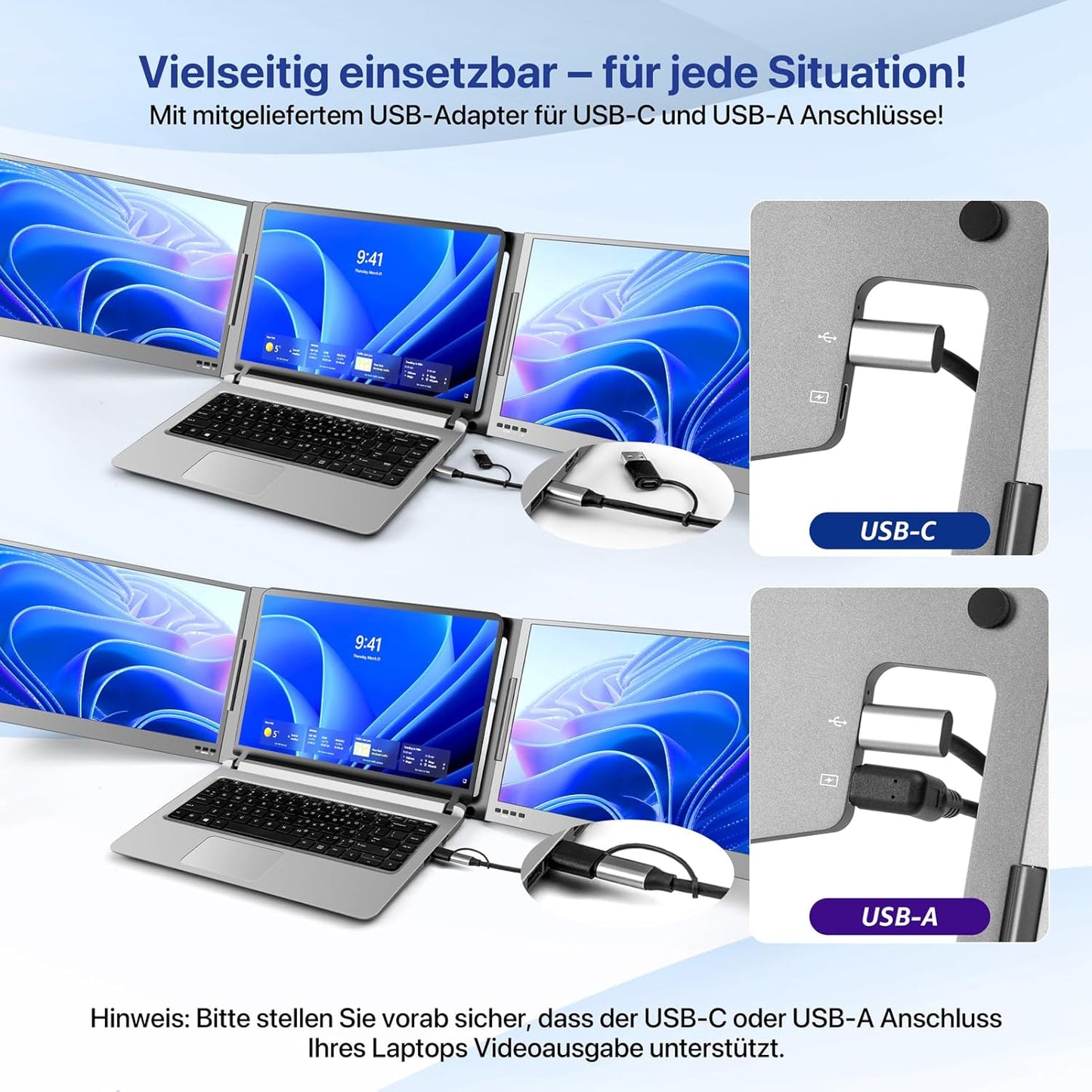 Roadom Dualer Bildschirm aus Aluminiumlegierung, 15,6'' Dreifach Monitor für 12-16 Zoll Laptops,360°