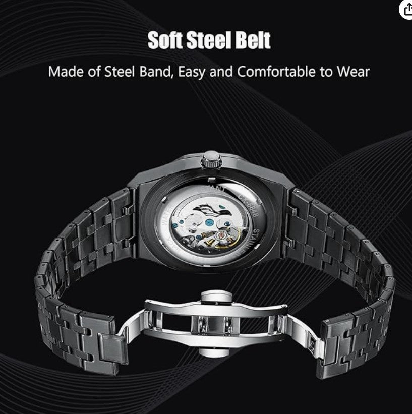 Rorios Herrenuhren Automatische Mechanische Uhr mit Edelstahl-Armband Skelett