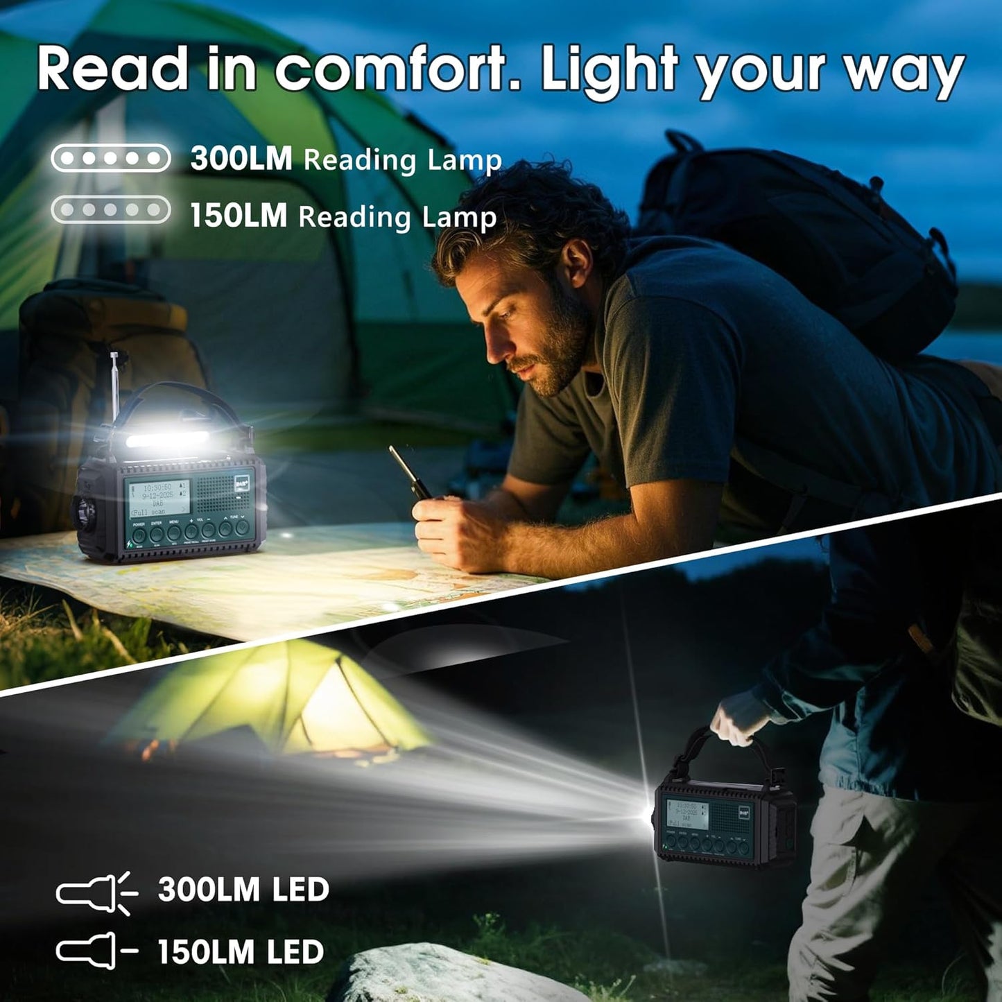 Rocam Kurbelradio DAB/DAB+/UKW,Tragbare Solar Notfallradio mit 5000mAh LED Taschenlampe & Leselicht,