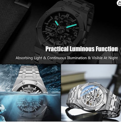 Rorios Herrenuhren Automatische Mechanische Uhr mit Edelstahl-Armband Skelett