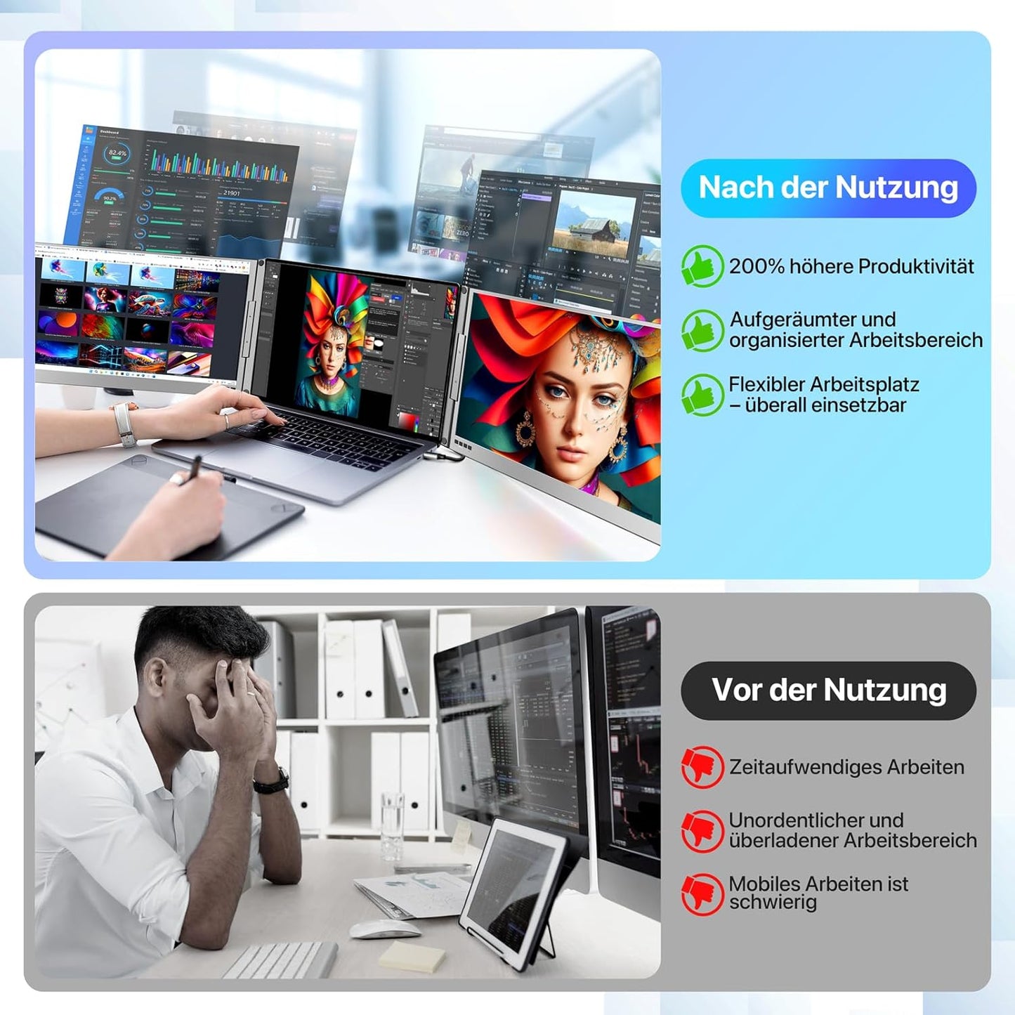 Roadom Dualer Bildschirm aus Aluminiumlegierung, 15,6'' Dreifach Monitor für 12-16 Zoll Laptops,360°