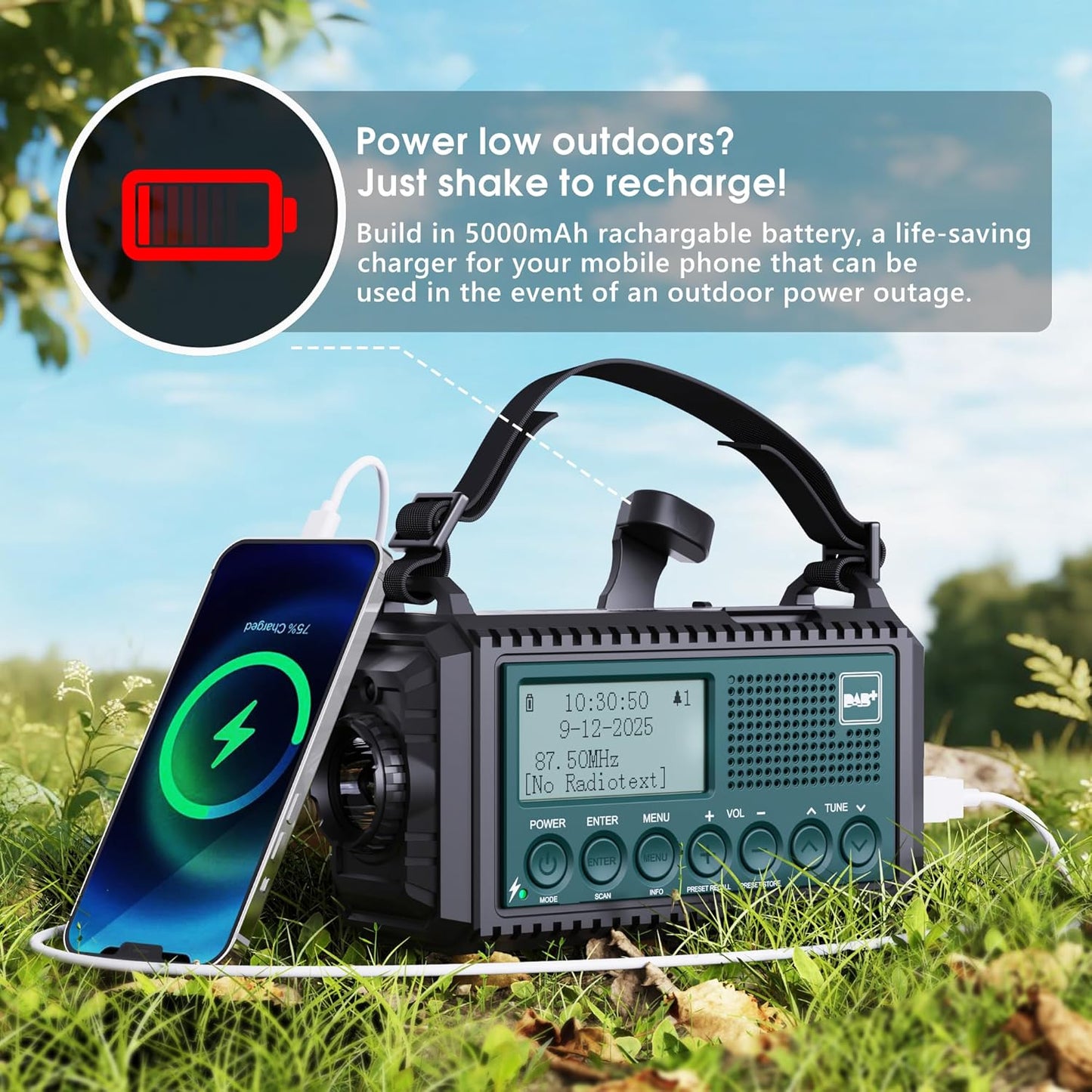 Rocam Kurbelradio DAB/DAB+/UKW,Tragbare Solar Notfallradio mit 5000mAh LED Taschenlampe & Leselicht,