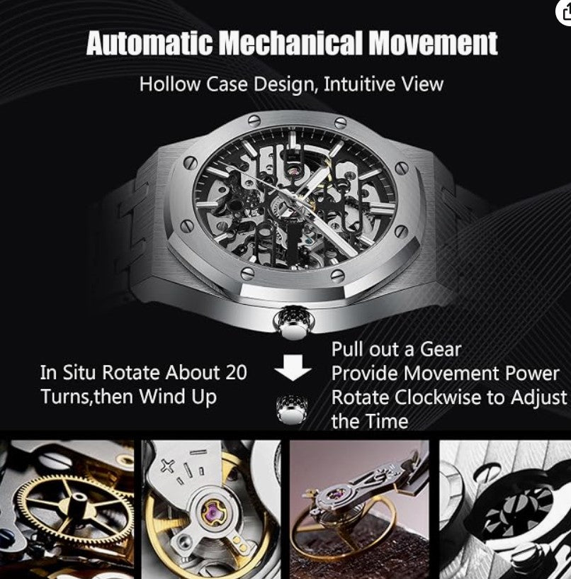 Rorios Herrenuhren Automatische Mechanische Uhr mit Edelstahl-Armband Skelett