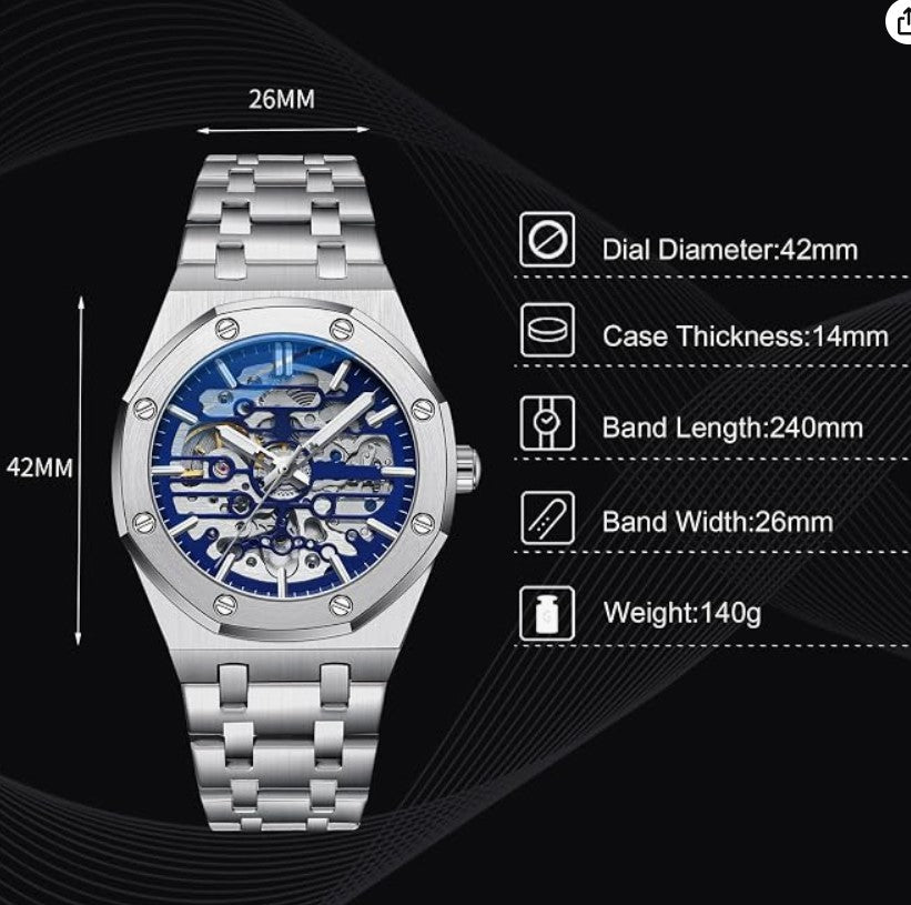 Rorios Herrenuhren Automatische Mechanische Uhr mit Edelstahl-Armband Skelett