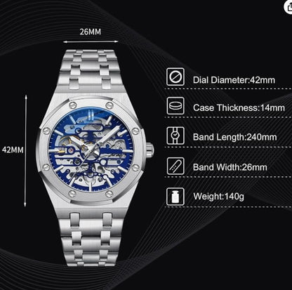 Rorios Herrenuhren Automatische Mechanische Uhr mit Edelstahl-Armband Skelett