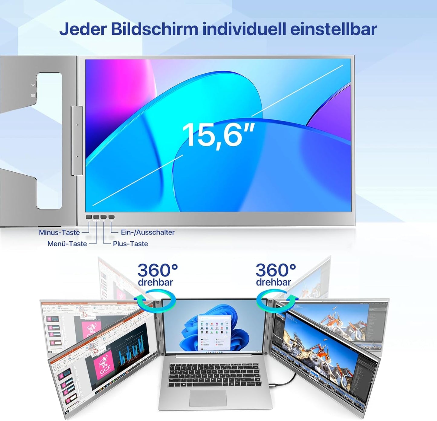 Roadom Dualer Bildschirm aus Aluminiumlegierung, 15,6'' Dreifach Monitor für 12-16 Zoll Laptops,360°