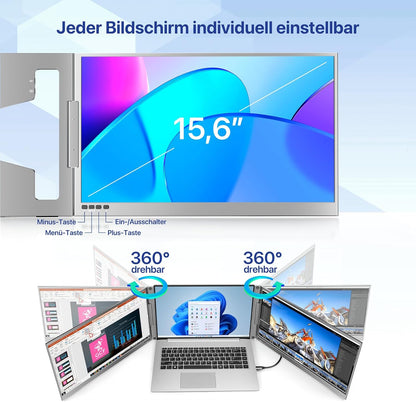 Roadom Dualer Bildschirm aus Aluminiumlegierung, 15,6'' Dreifach Monitor für 12-16 Zoll Laptops,360°