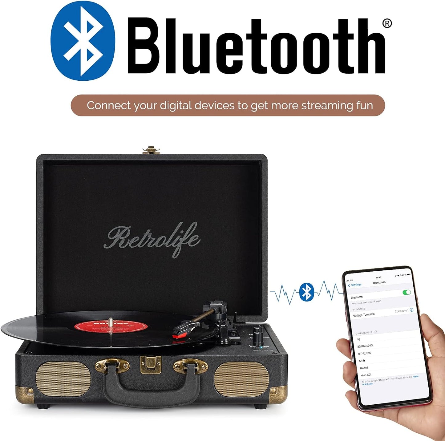 Retrolife Plattenspieler 33/45/78 U/min Bluetooth Koffer, Dunkel Schwarz