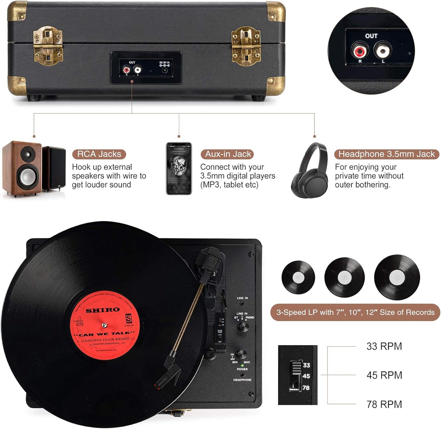 Retrolife Plattenspieler 33/45/78 U/min Bluetooth Koffer, Dunkel Schwarz