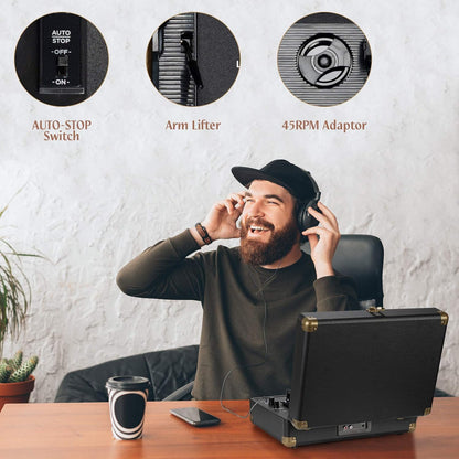 Retrolife Plattenspieler 33/45/78 U/min Bluetooth Koffer, Dunkel Schwarz