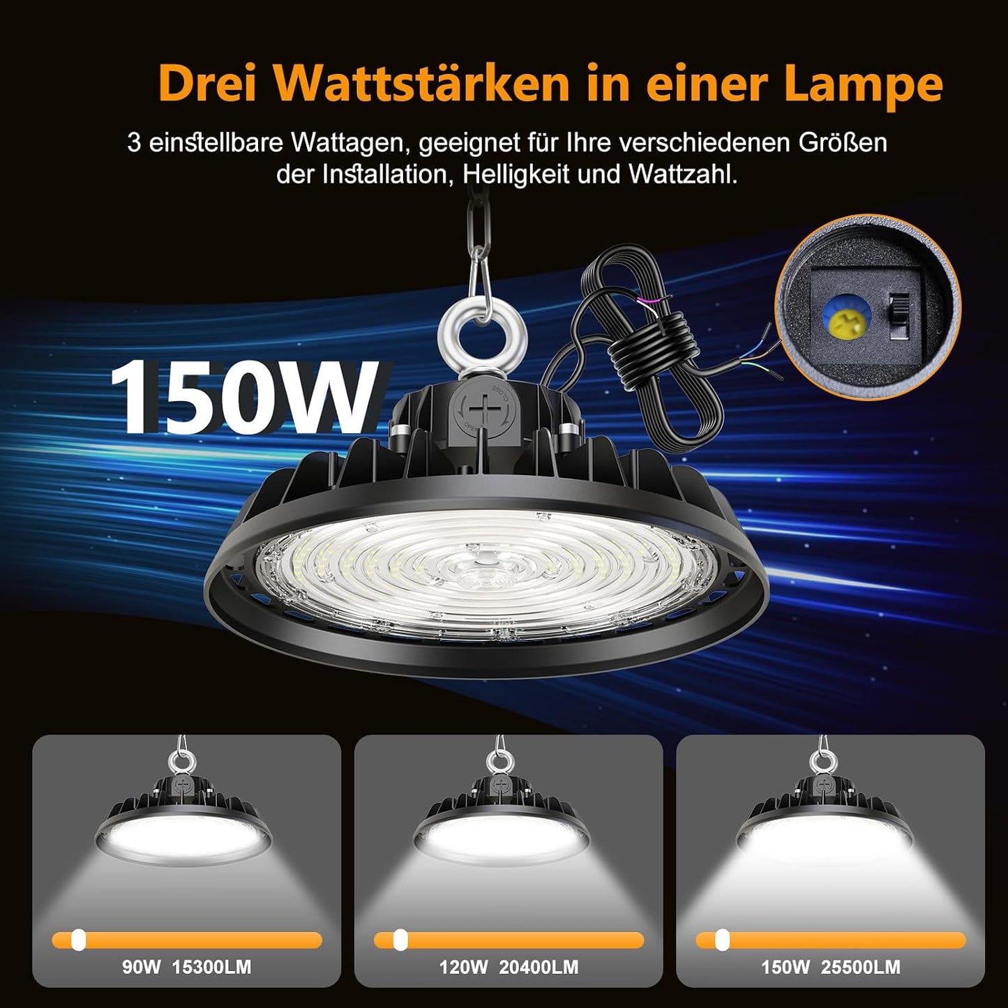 RUISUN UFO 150W LED Werkstatt Deckenleuchte 25500LM 0-10V Dimmbare 6000K 