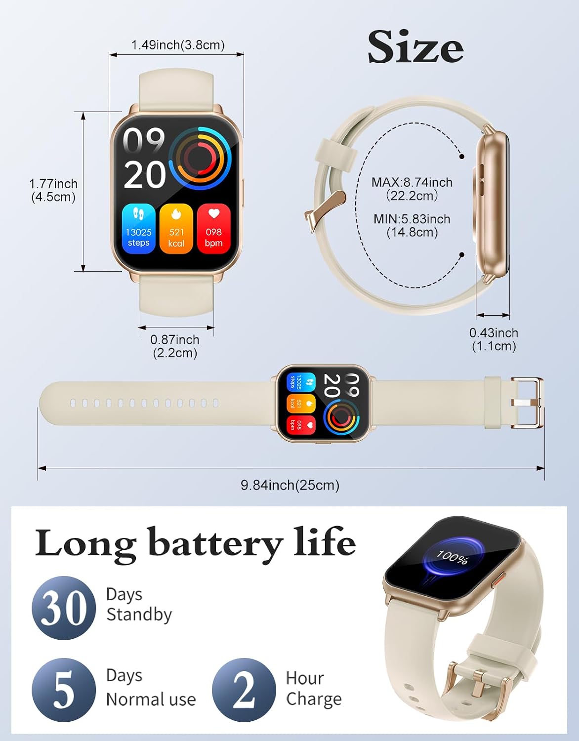 RUIMEN Smart Watch Unisex 1,8 Zoll für iOS/Android Fitness Tracker (2 Bänder im)