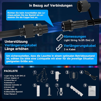 Ruisun Permanente Außenbeleuchte Lights RGBICW 2700-6000K LED Lichterketten mit App