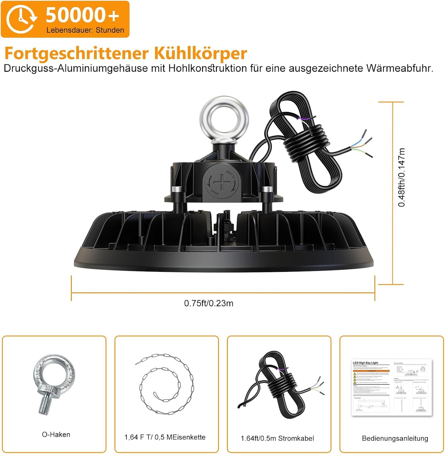 RUISUN UFO 150W LED Werkstatt Deckenleuchte 25500LM 0-10V Dimmbare 6000K 