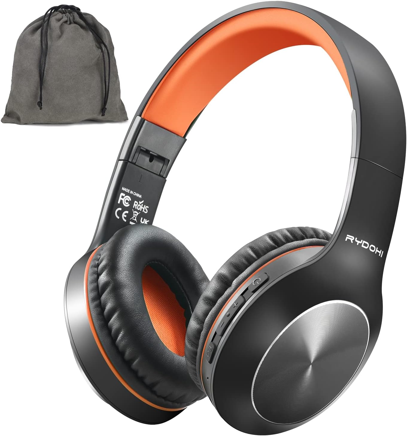 Casque Bluetooth Rydohi supra-auriculaire, 68 niveaux sonores et 3 modes d'égalisation, sans fil, avec microphone et basses profondes, noir/orange