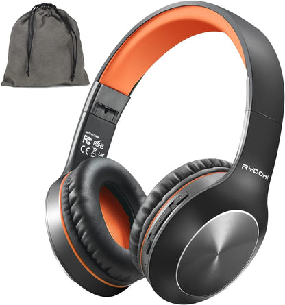 Casque Bluetooth Rydohi supra-auriculaire, 68 niveaux sonores et 3 modes d'égalisation, sans fil, avec microphone et basses profondes, noir/orange