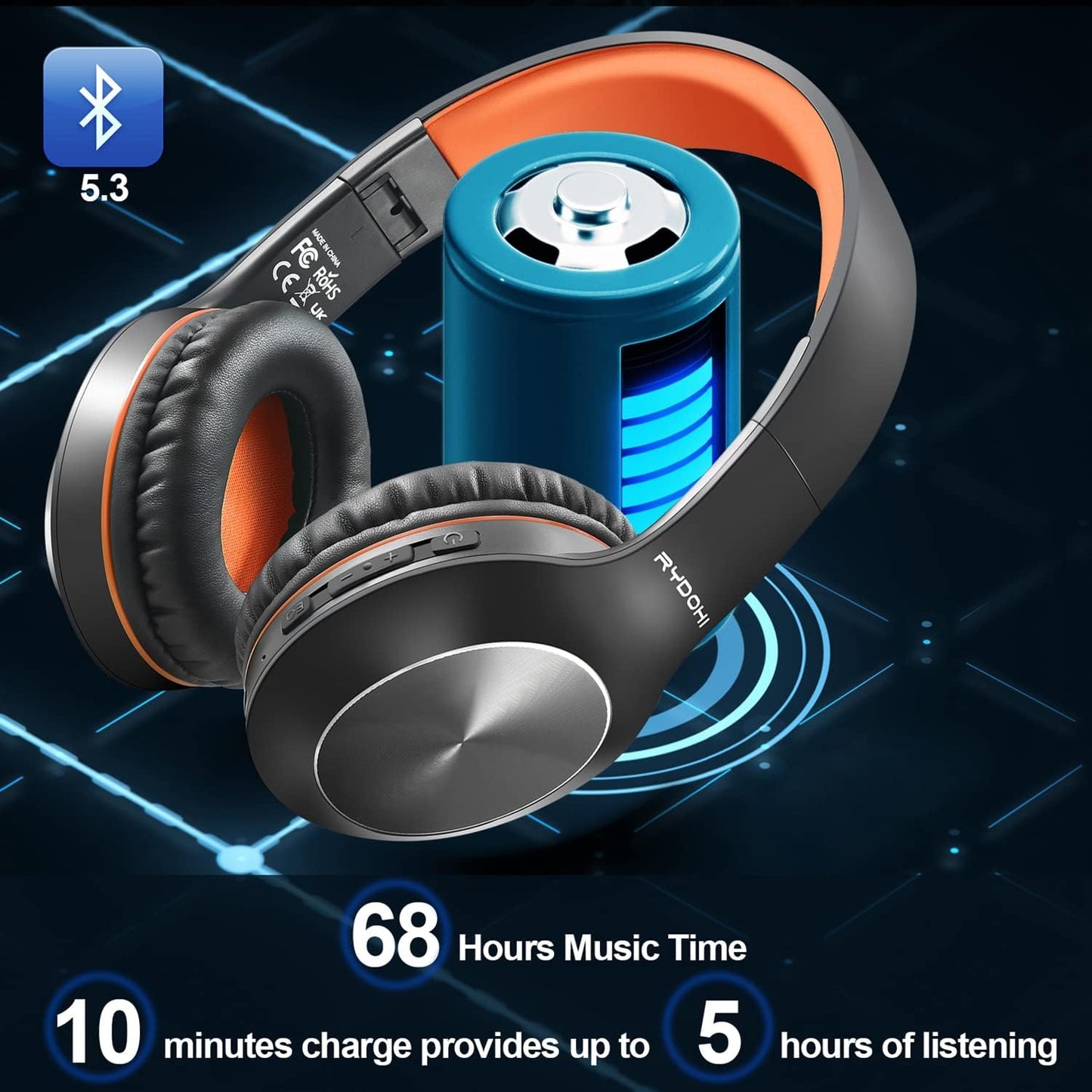 Casque Bluetooth Rydohi supra-auriculaire, 68 niveaux sonores et 3 modes d'égalisation, sans fil, avec microphone et basses profondes, noir/orange