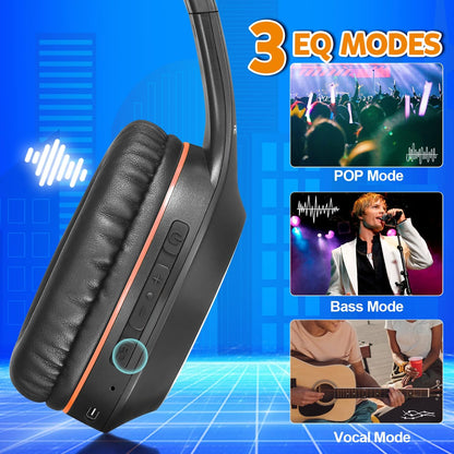Casque Bluetooth Rydohi supra-auriculaire, 68 niveaux sonores et 3 modes d'égalisation, sans fil, avec microphone et basses profondes, noir/orange
