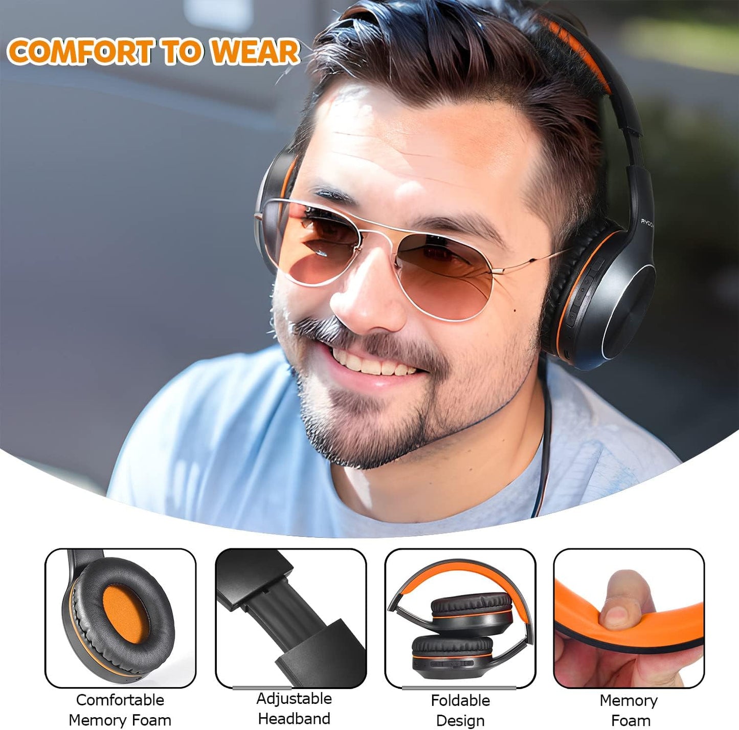 Casque Bluetooth Rydohi supra-auriculaire, 68 niveaux sonores et 3 modes d'égalisation, sans fil, avec microphone et basses profondes, noir/orange