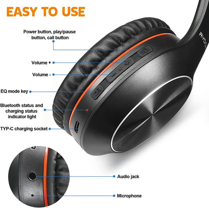 Casque Bluetooth Rydohi supra-auriculaire, 68 niveaux sonores et 3 modes d'égalisation, sans fil, avec microphone et basses profondes, noir/orange