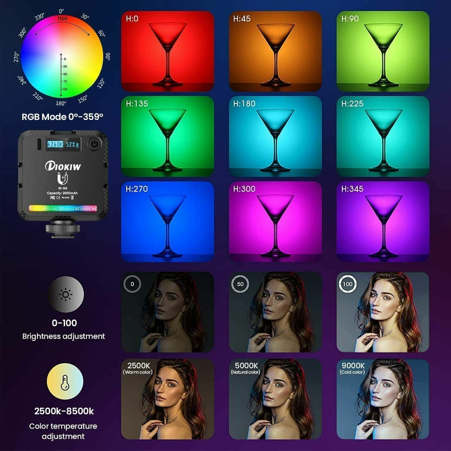 Lampe vidéo LED RVB pour caméra extérieure, lumière du soleil, intensité variable, avec 3 volets