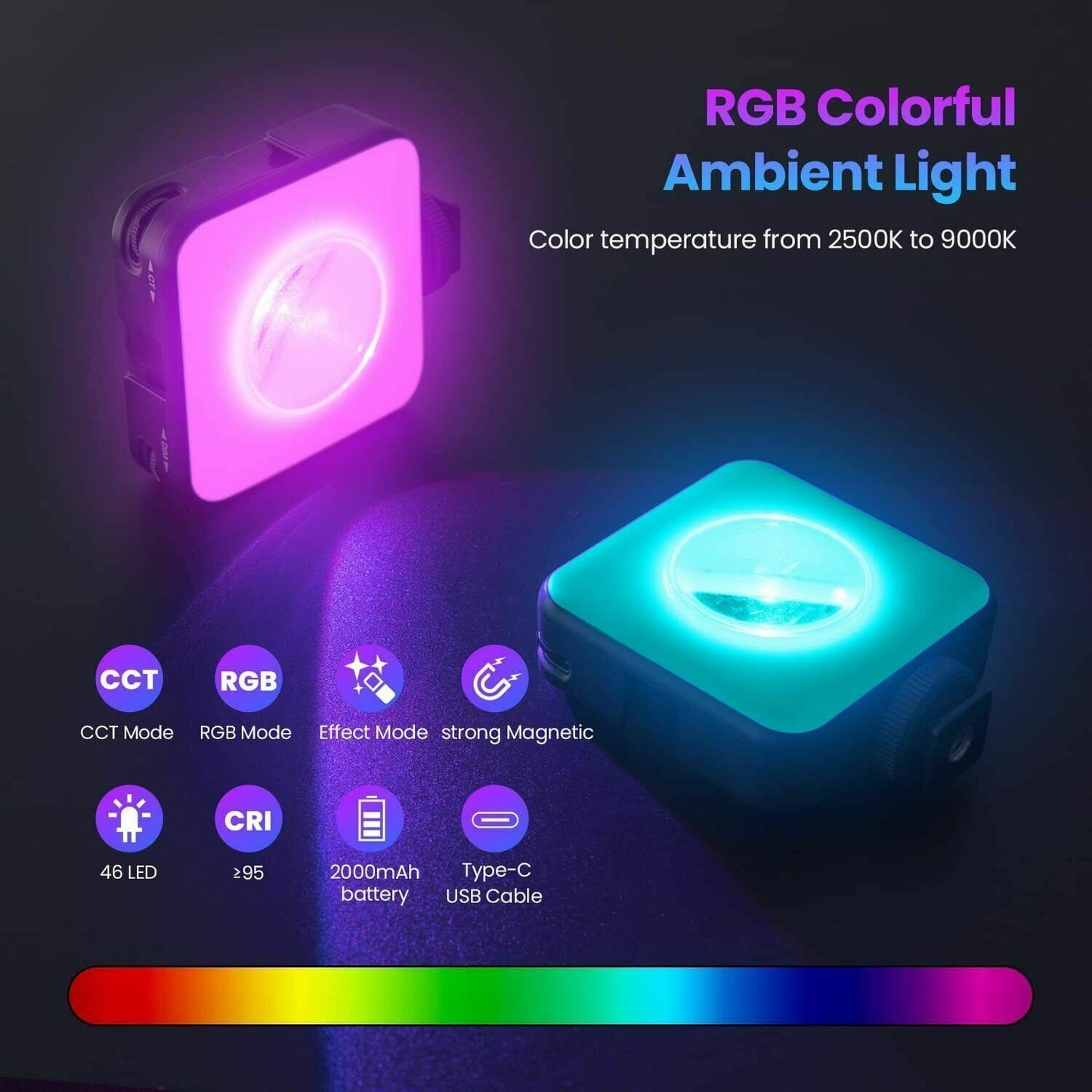 Lampe vidéo LED RVB pour caméra extérieure, lumière du soleil, intensité variable, avec 3 volets