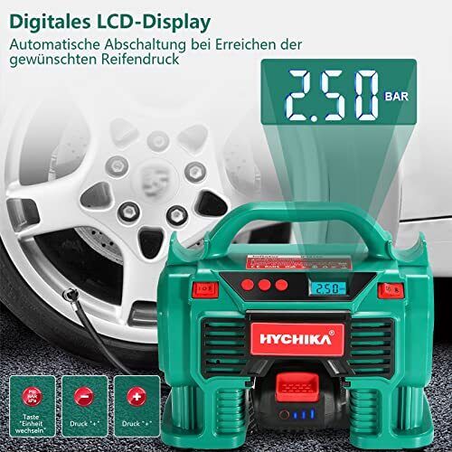 HYCHIKA  Akku Luftkompressor 18V, Auto Luftpumpe, Reifenpumpe mit LCD Display, LED Licht, automatische Abschaltung