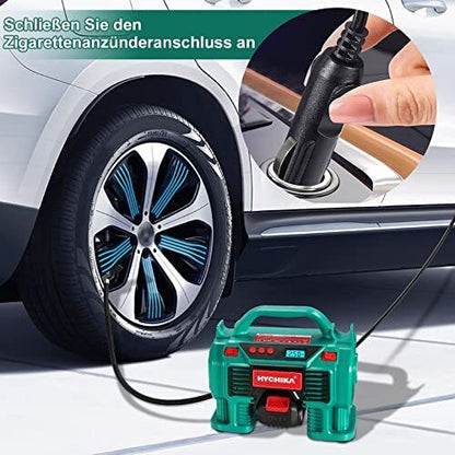 HYCHIKA  Akku Luftkompressor 18V, Auto Luftpumpe, Reifenpumpe mit LCD Display, LED Licht, automatische Abschaltung