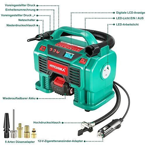 HYCHIKA  Akku Luftkompressor 18V, Auto Luftpumpe, Reifenpumpe mit LCD Display, LED Licht, automatische Abschaltung