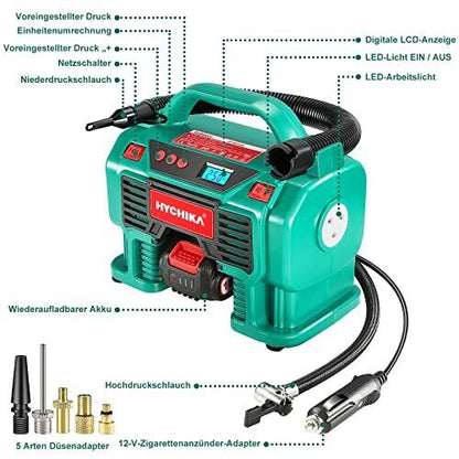 HYCHIKA  Akku Luftkompressor 18V, Auto Luftpumpe, Reifenpumpe mit LCD Display, LED Licht, automatische Abschaltung