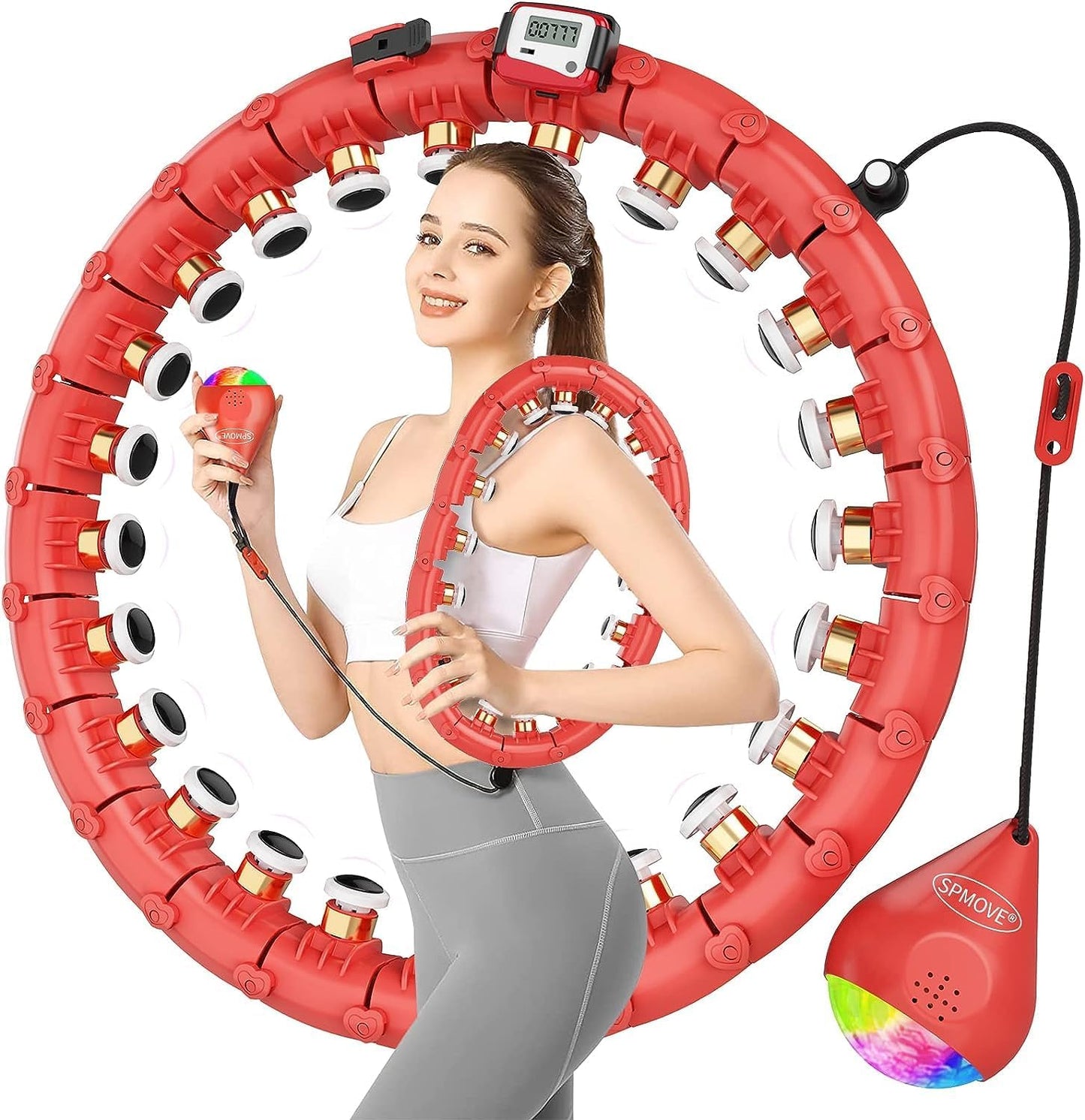 SPMOVE Smart Hula Hoop mit Gewichtsball, für Erwachsene und Anfänger, 60 bis 120 cm,Rot