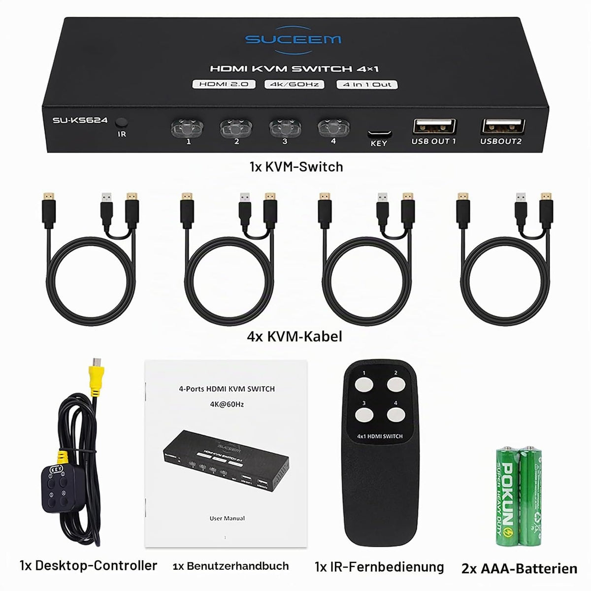 Suceem KVM Switch HDMI 4K@60Hz für 4 Computer 1 Monitor,