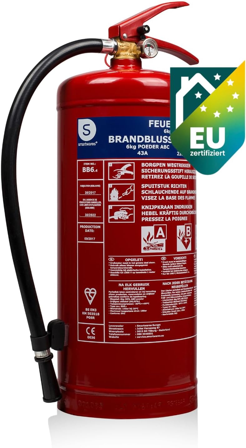 Smartwares ABC Feuerlöscher 6 Kg/Pulverlöscher mit Halterung, Manometer und Schlauch, BB6