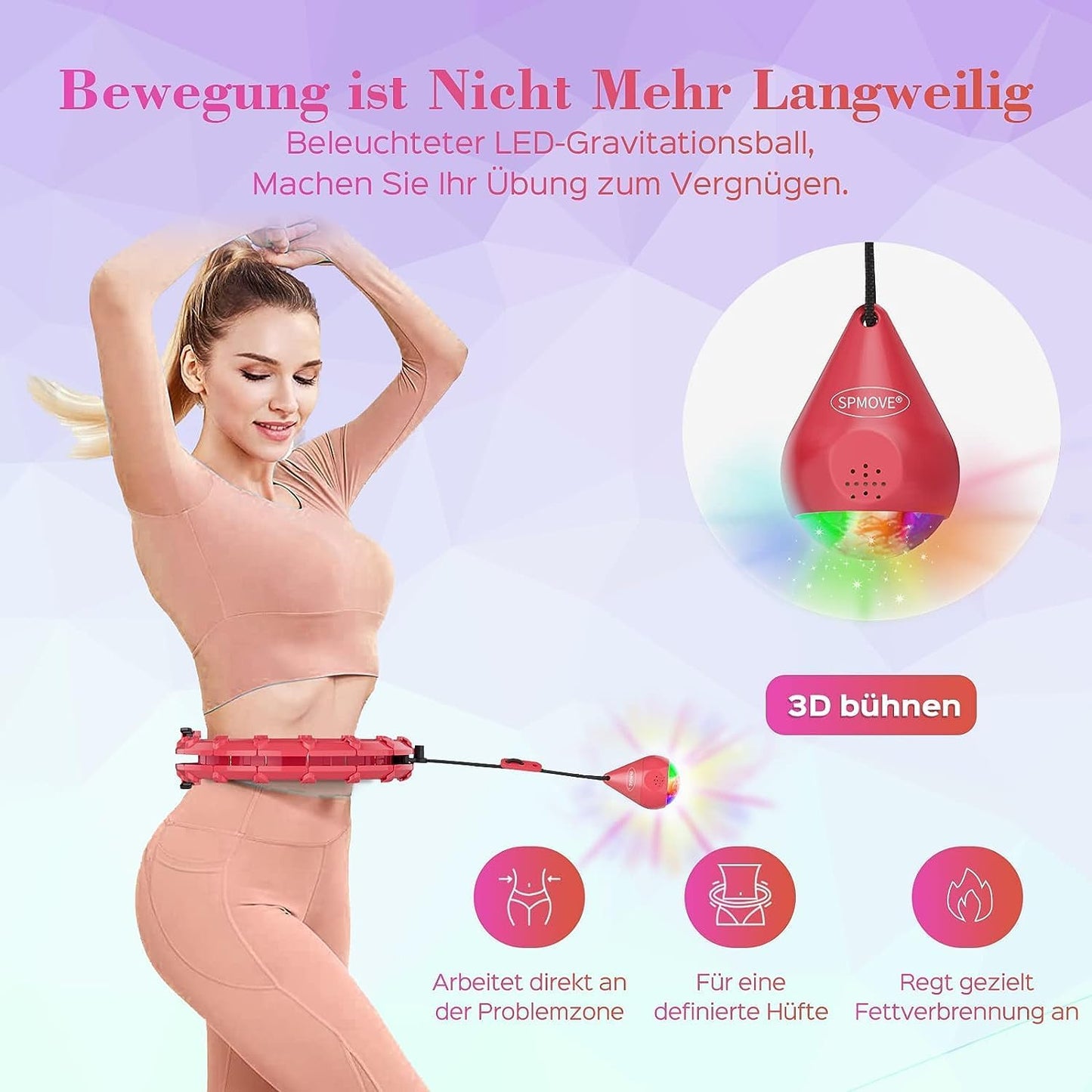 SPMOVE Smart Hula Hoop mit Gewichtsball, für Erwachsene und Anfänger, 60 bis 120 cm,Rot