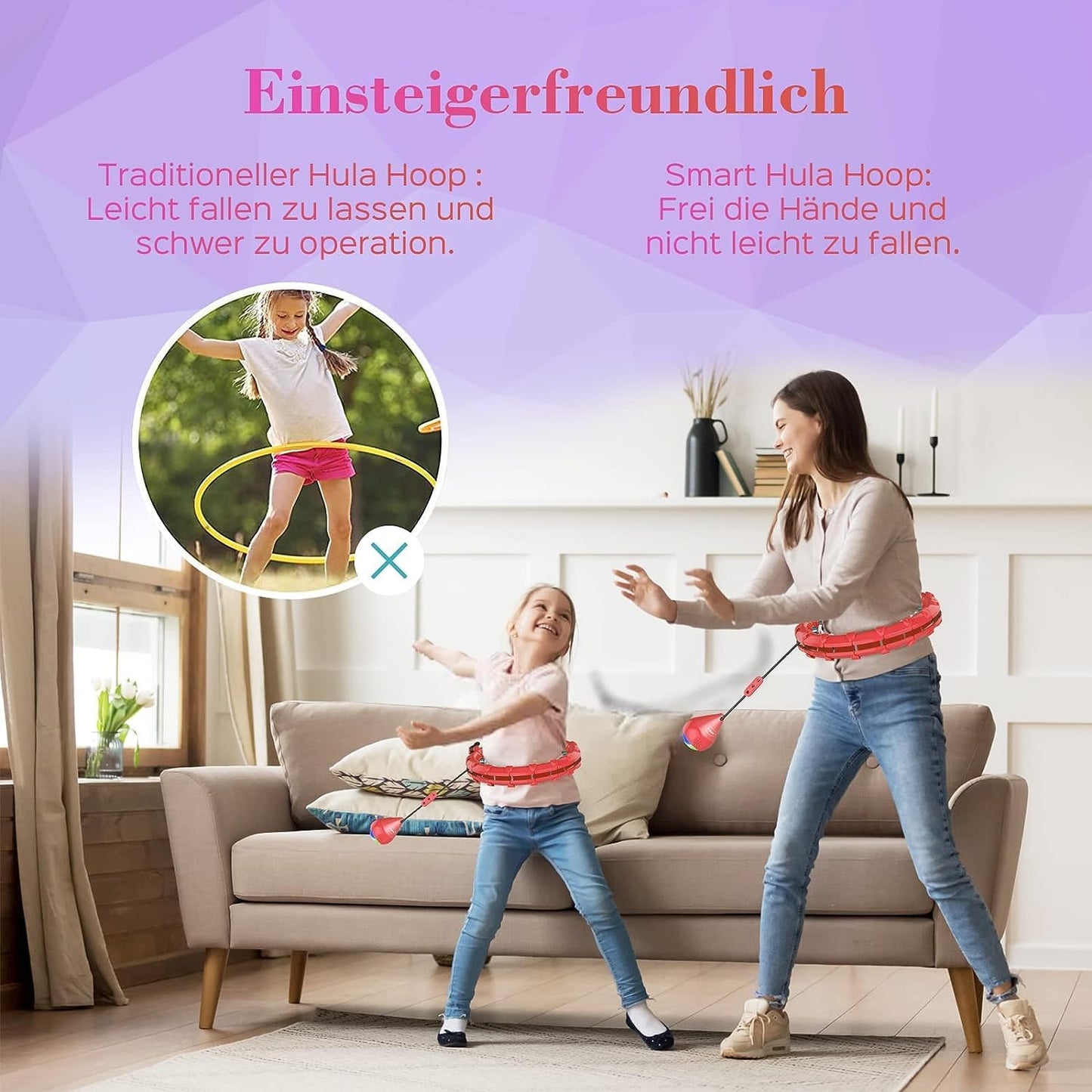 SPMOVE Smart Hula Hoop mit Gewichtsball, für Erwachsene und Anfänger, 60 bis 120 cm,Rot