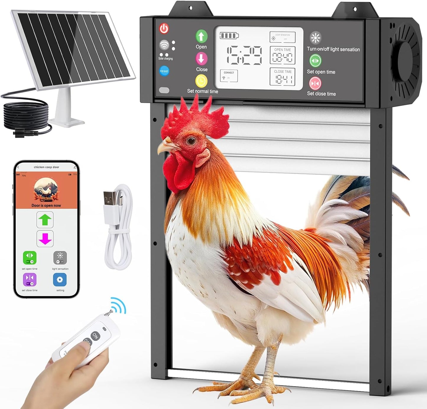 Sarellit Automatische Hühnerklappe Solar mit TUYA App & Fernbedienung,Timer & Lichtsensor
