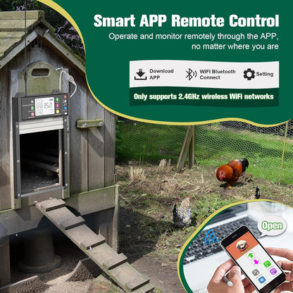 Sarellit Automatische Hühnerklappe Solar mit TUYA App & Fernbedienung,Timer & Lichtsensor