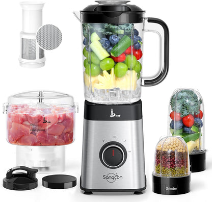 Mixeur Sangcon pour cuisine, robot culinaire et robot de cuisine, 5 en 1, verre de 1,2 l et gobelet de 482 ml