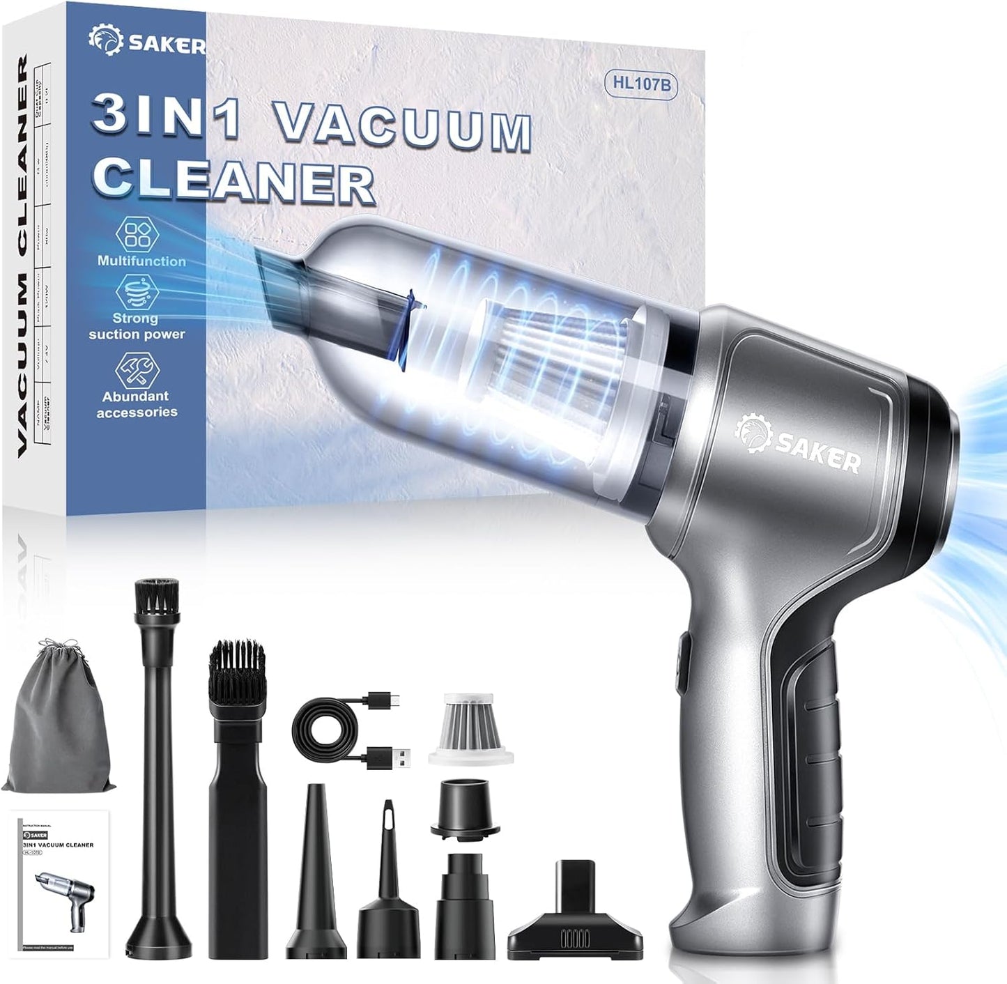 Saker Handstaubsauger Auto Handheld Kabelloser, 3 in 1 Druckluft  12KPA High Power