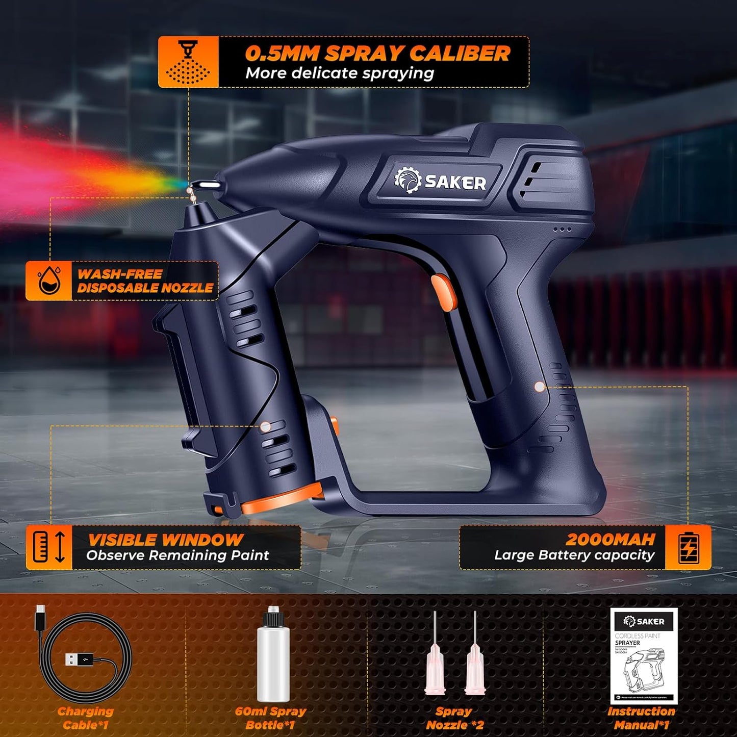 Saker Elektrische Akku-Farbspritzpistole für Autolack, Sprayer Gun Blau, 12 Zoll