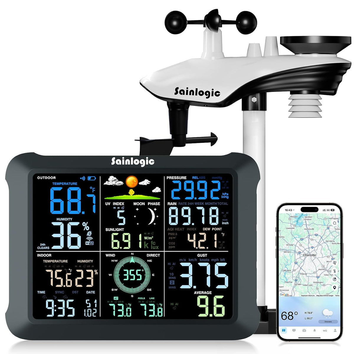 Sainlogic SA9 Funk Wetterstation m. Außensensor 14-in-1, 24H/7Days 8,5" Display