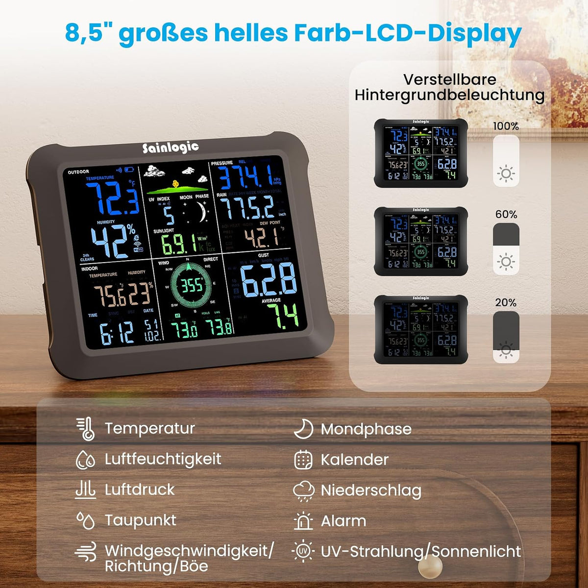 Sainlogic SA9 Funk Wetterstation m. Außensensor 14-in-1, 24H/7Days 8,5" Display