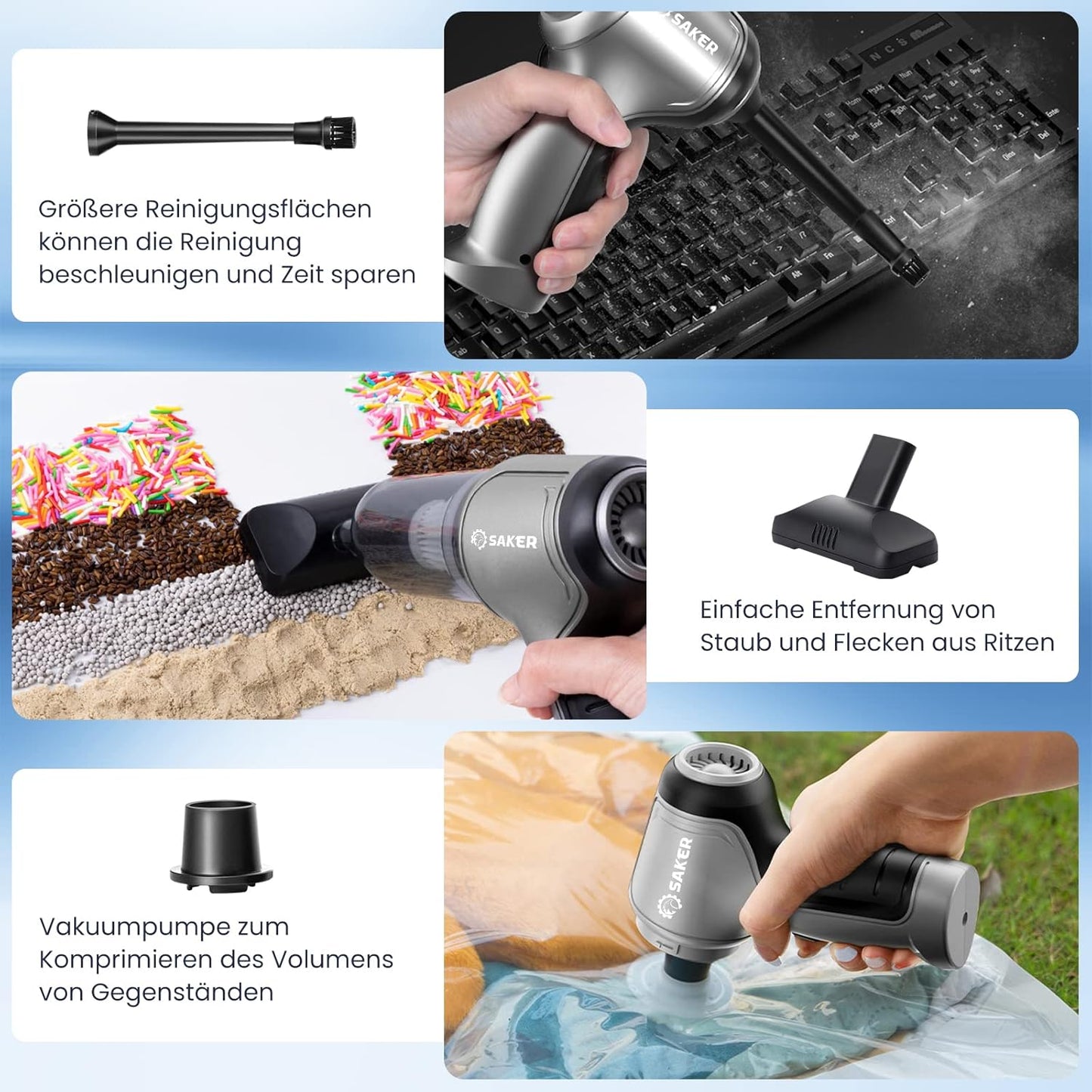 Saker Handstaubsauger Auto Handheld Kabelloser, 3 in 1 Druckluft  12KPA High Power
